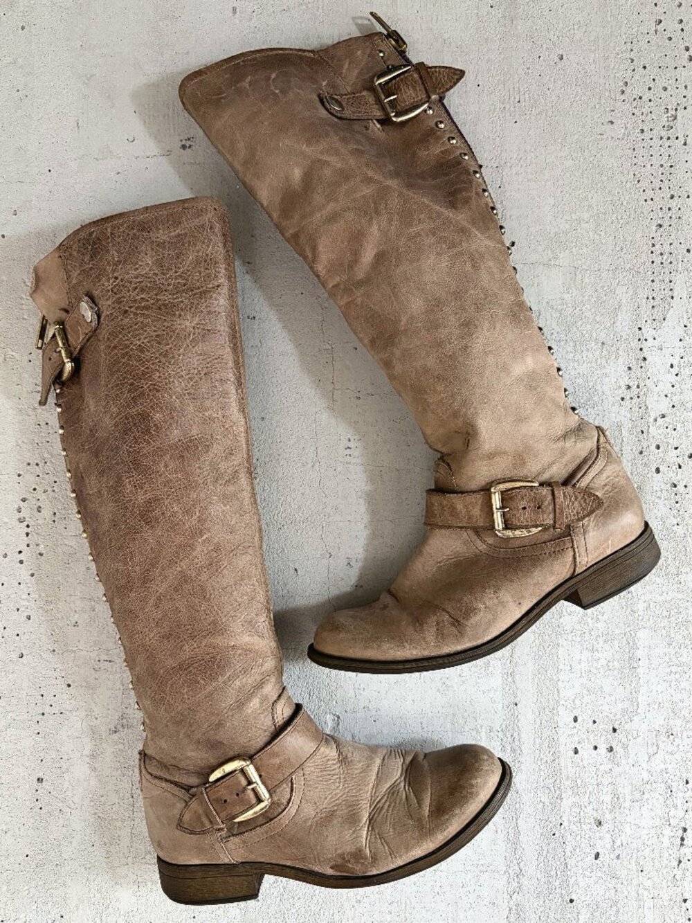 Steve Madden Lynet Brown Leather Studded Knee High Moto Boots Size 8